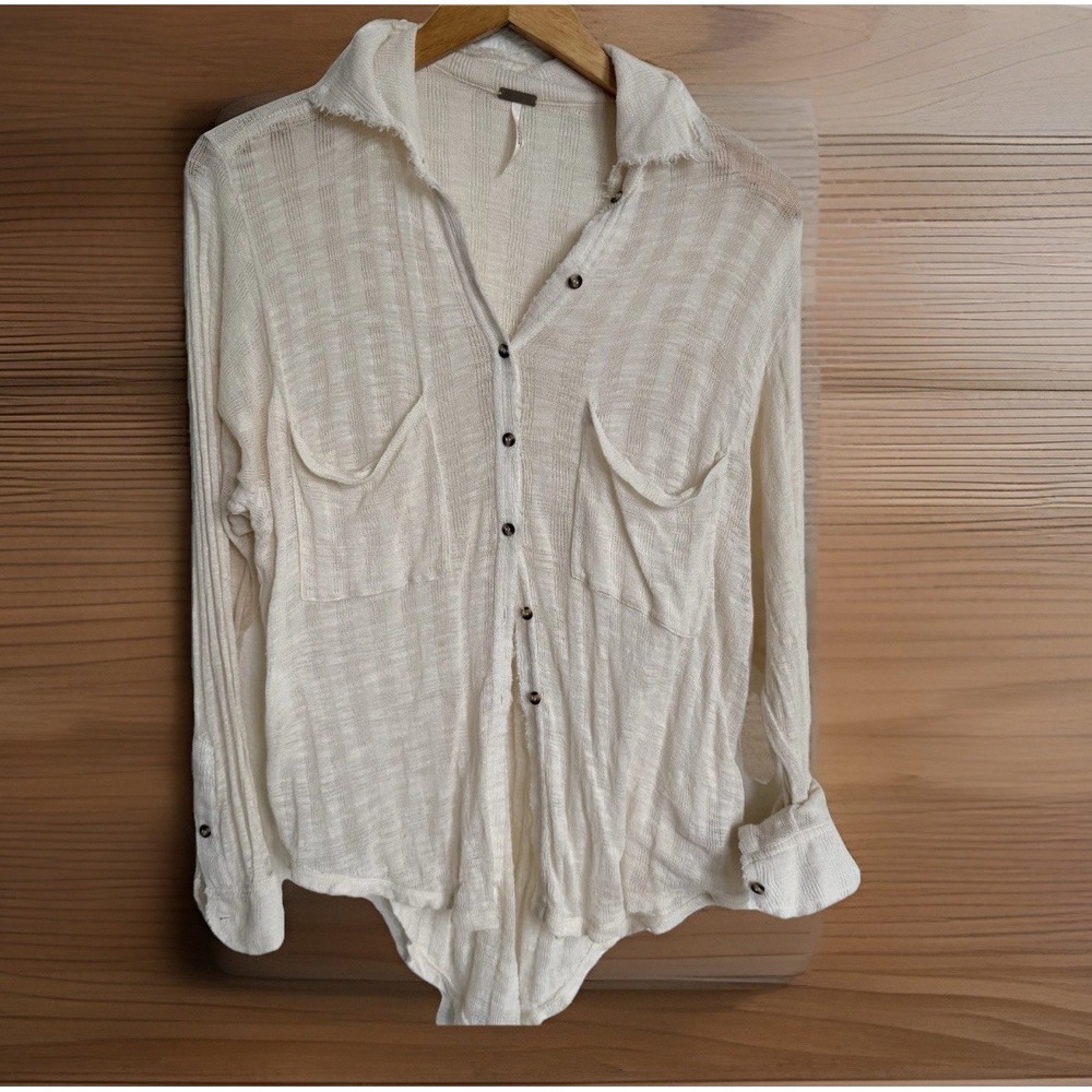Free People Beach Size XS Ivory Gauze Button Shirt Raw Hem Beach Boho